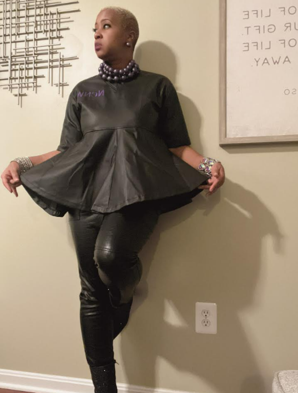 NCNW Black Faux Leather Peplum Top 