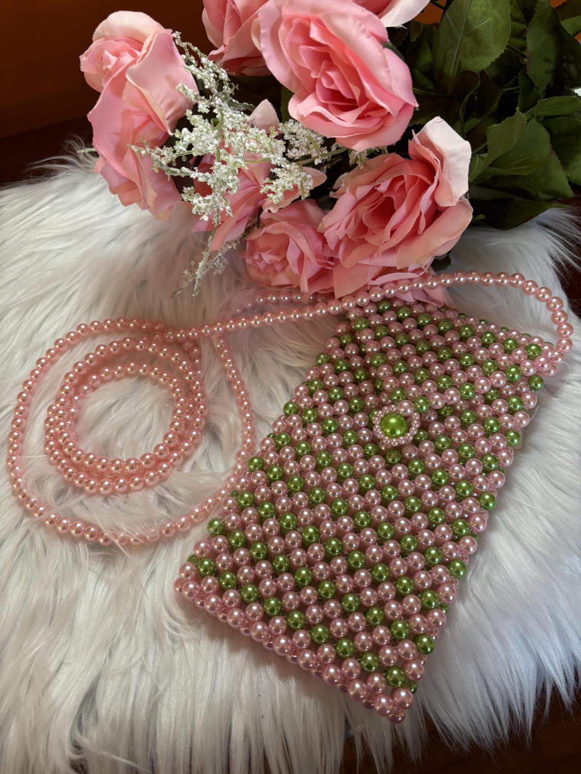 Pink and Green Pearls Cellphone Crossbody Bag