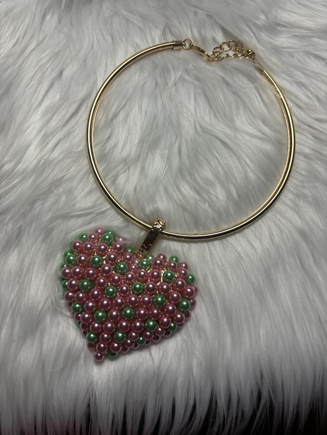 Pink and Green Pearls Heart Choker Necklace. SALE