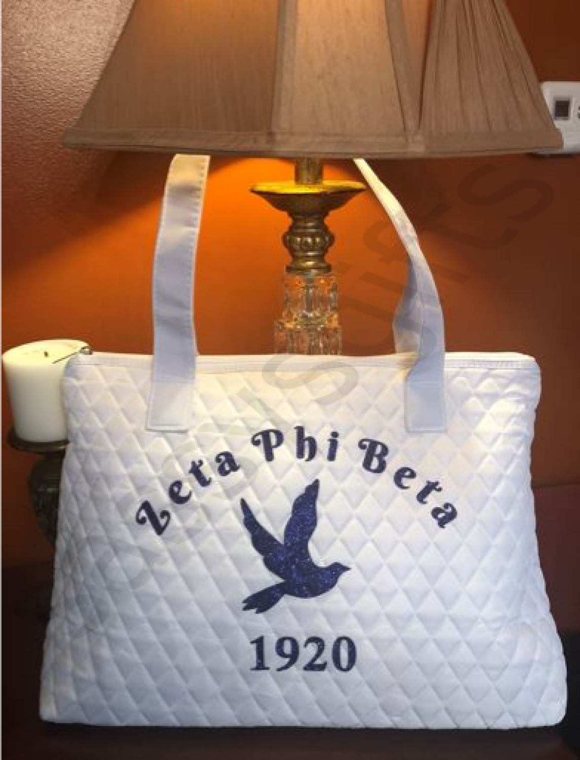 Zeta Quilted White Tote with Blue Dove